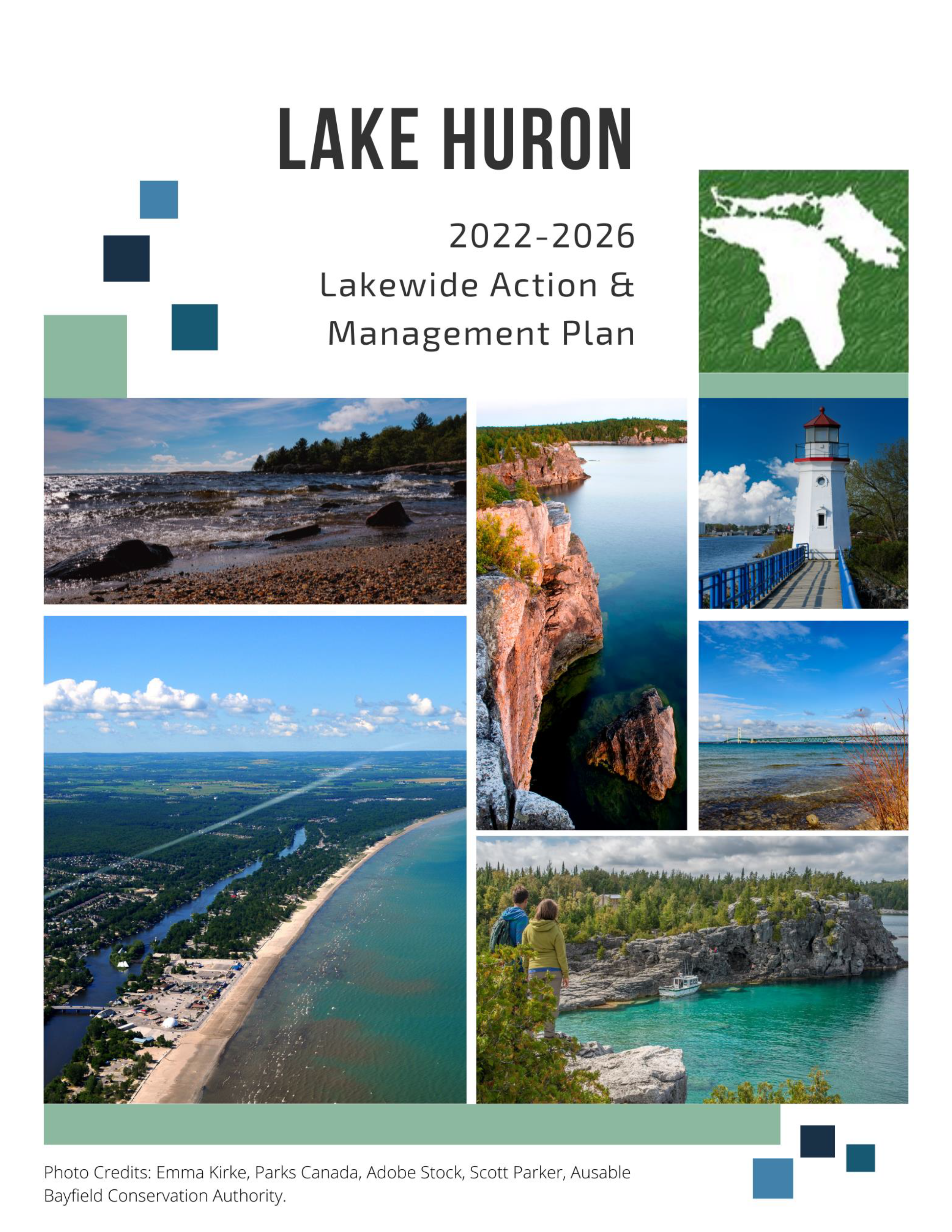 Cover of the Lake Huron LAMP with various photos of Lake Huron within Canada and the U.S.