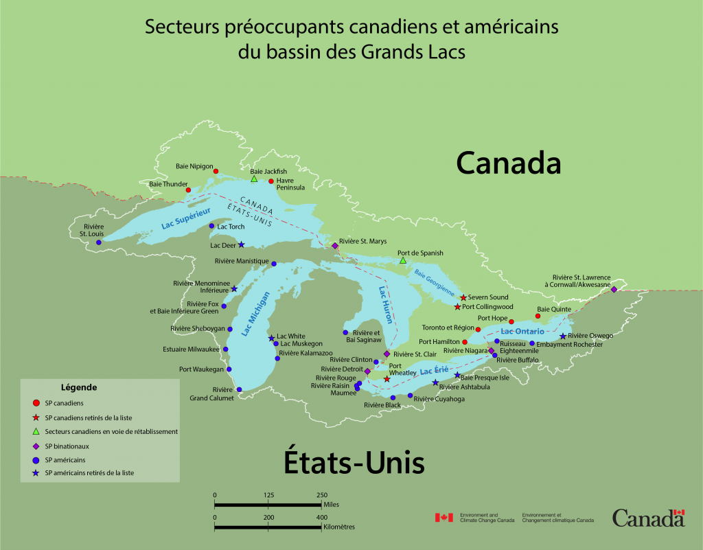 Carte des secteurs préoccupants des Grands Lacs. 